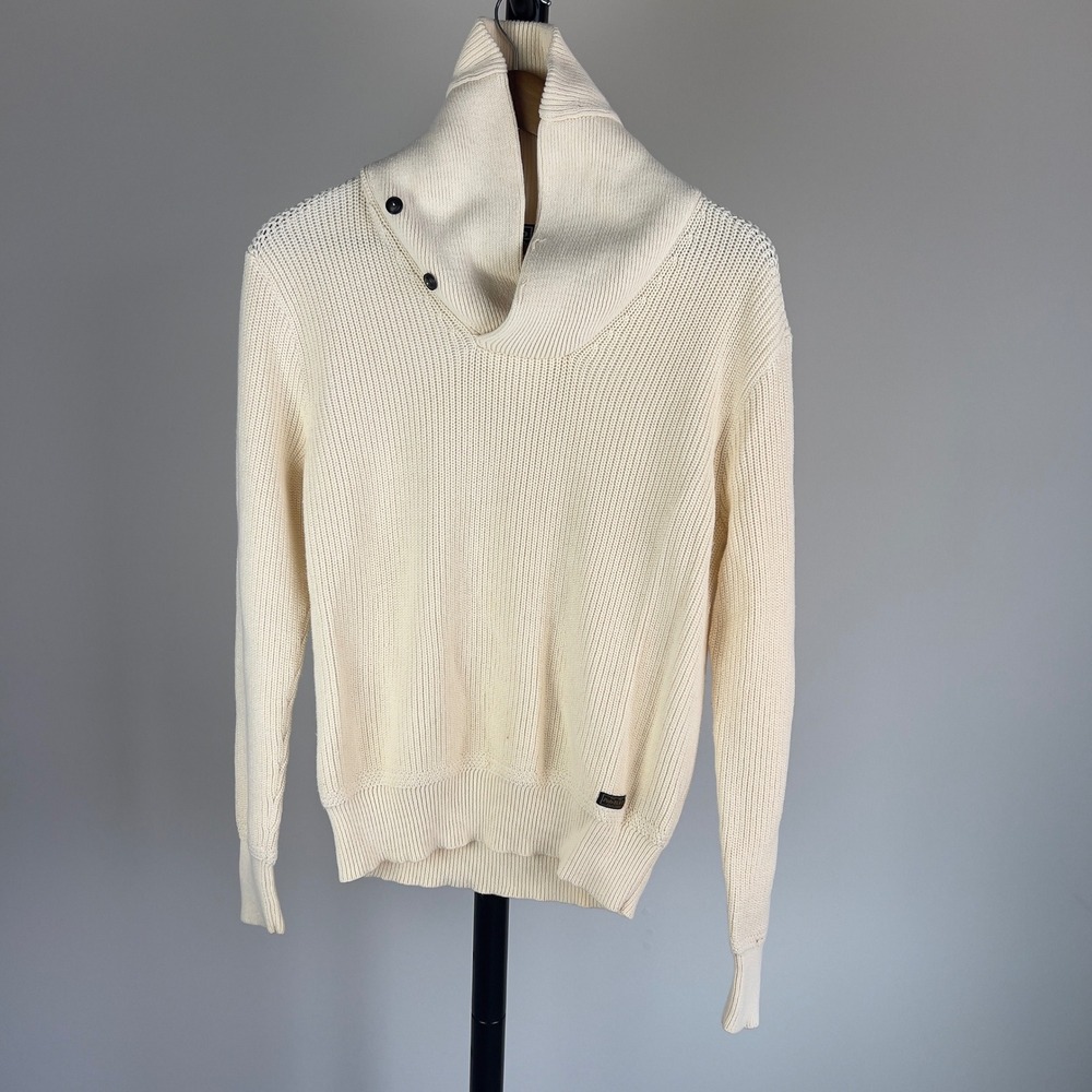 Polo Ralph Lauren Mens Cream Ribbed Cotton Shawl Collar Sweater Size Medium